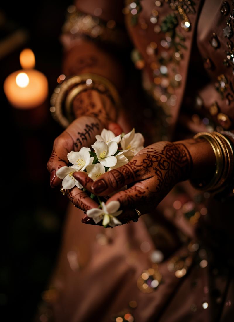 Mehndi hands holding jasmine