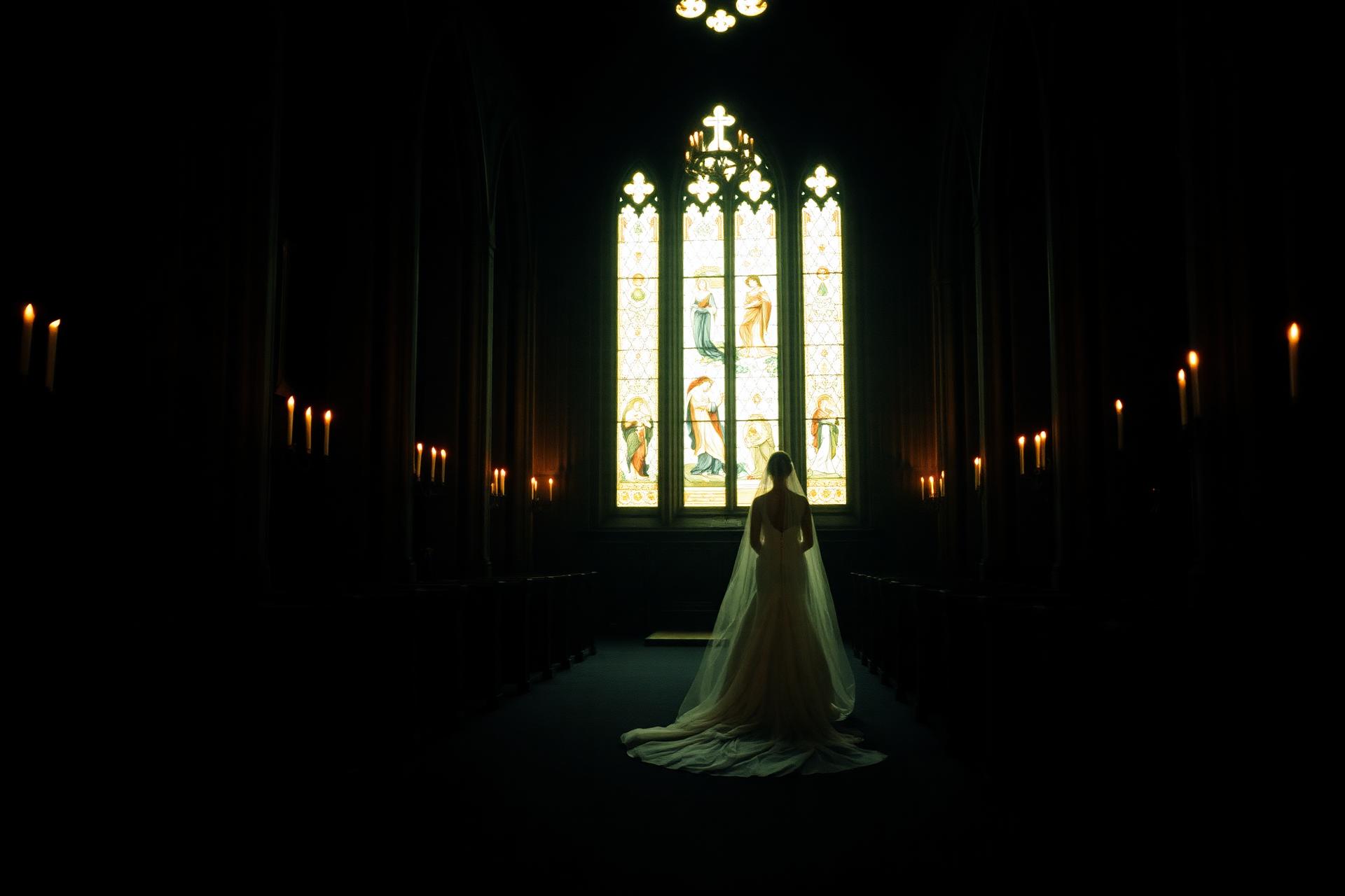 Bride in candlelit cathedral